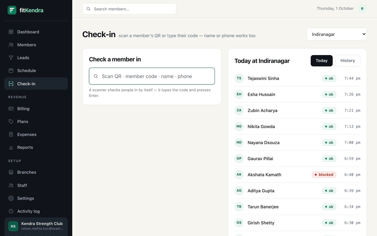 The front-desk check-in screen with today’s check-ins, each marked ok or blocked