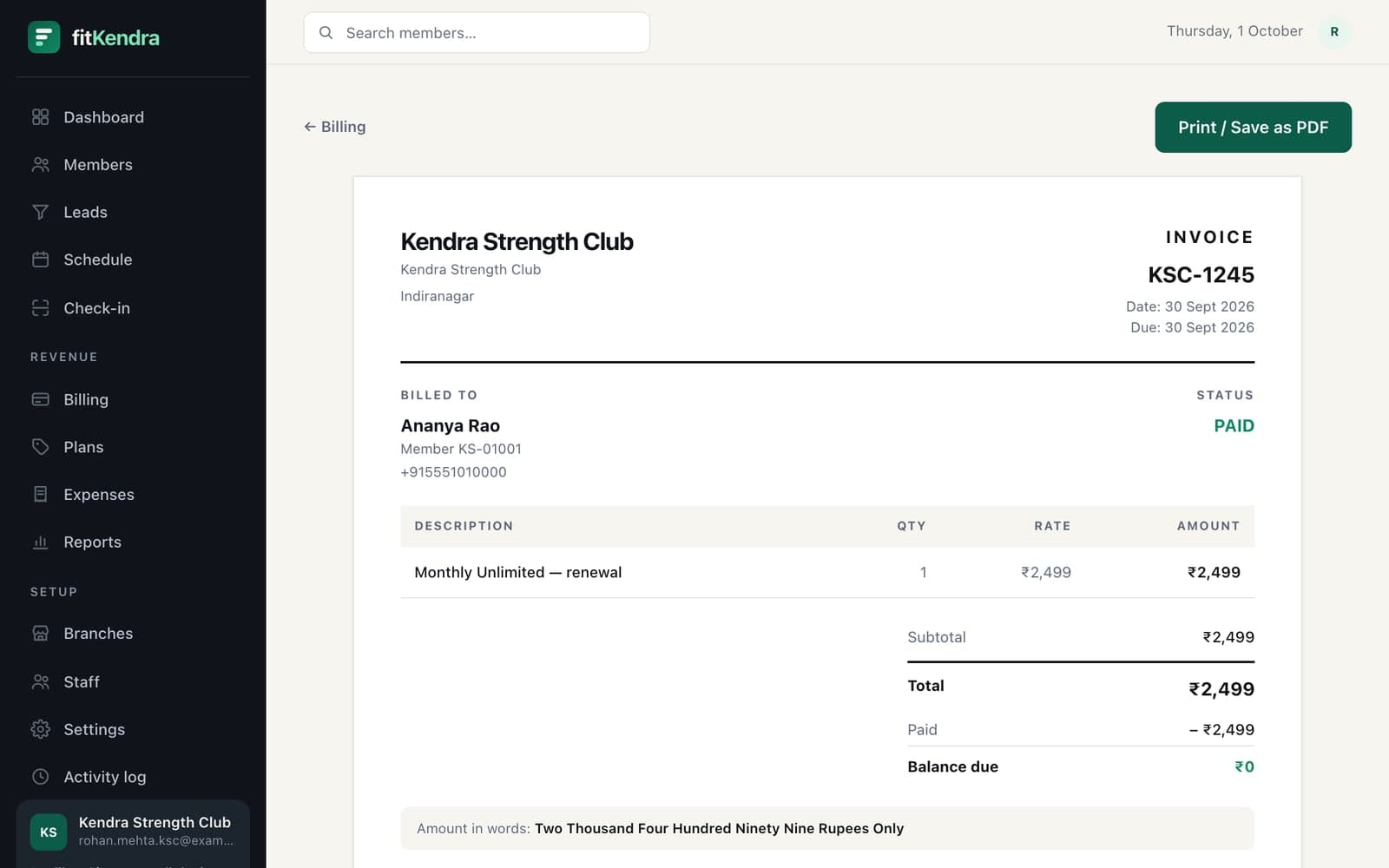 A printable membership invoice with the gym’s details, amount in words and payments received