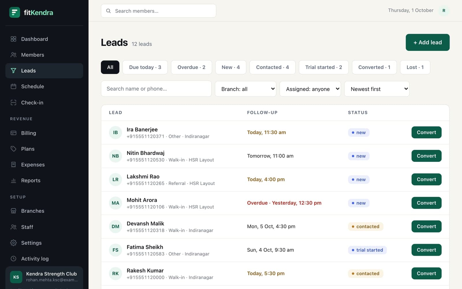 The leads list with each enquiry’s source, status and next follow-up