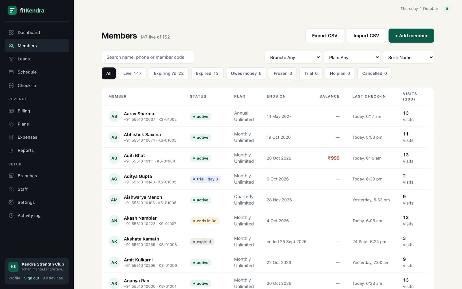 The members list with each member’s status, plan, end date, balance owed, last check-in and visits in the last 30 days