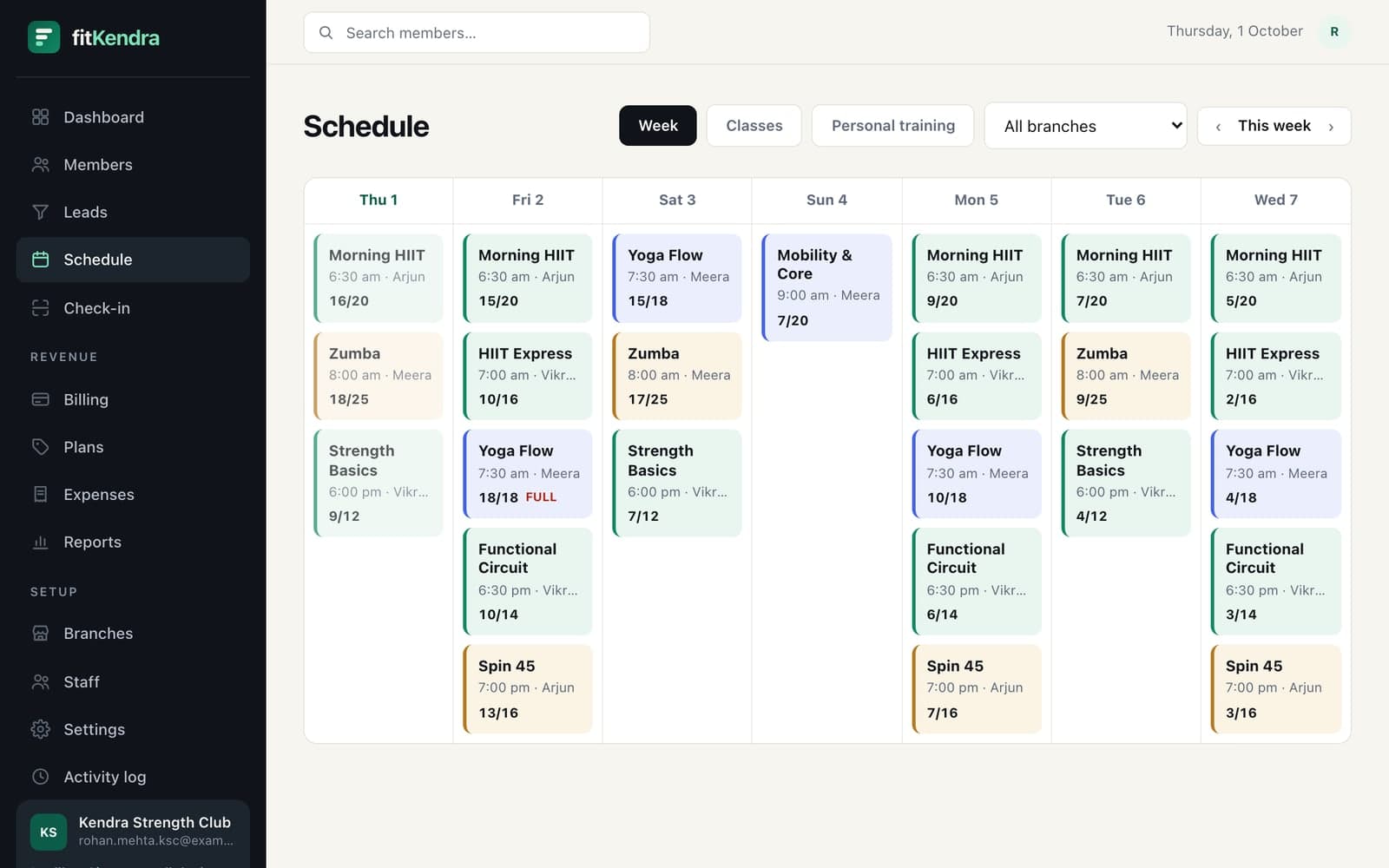 The weekly class schedule with bookings against capacity; a full Yoga Flow class is marked FULL